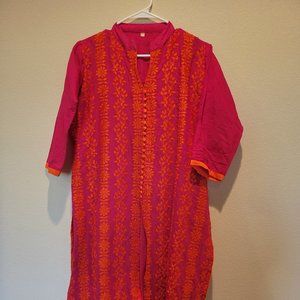 Pink and orange embroidery women's indian kurta